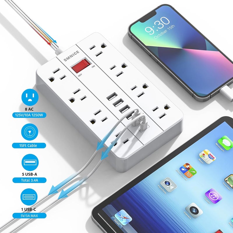 SMNICE سلك تمديد مسطح 15 قدم، شريط طاقة مع واقي من زيادة التيار و8 مآخذ متباعدة و6 منافذ USB (1 USB C)، محطة شحن طويلة مثبتة على الحائط للسكن، المنزل، ملحقات المكتب، أبيض - Image 3